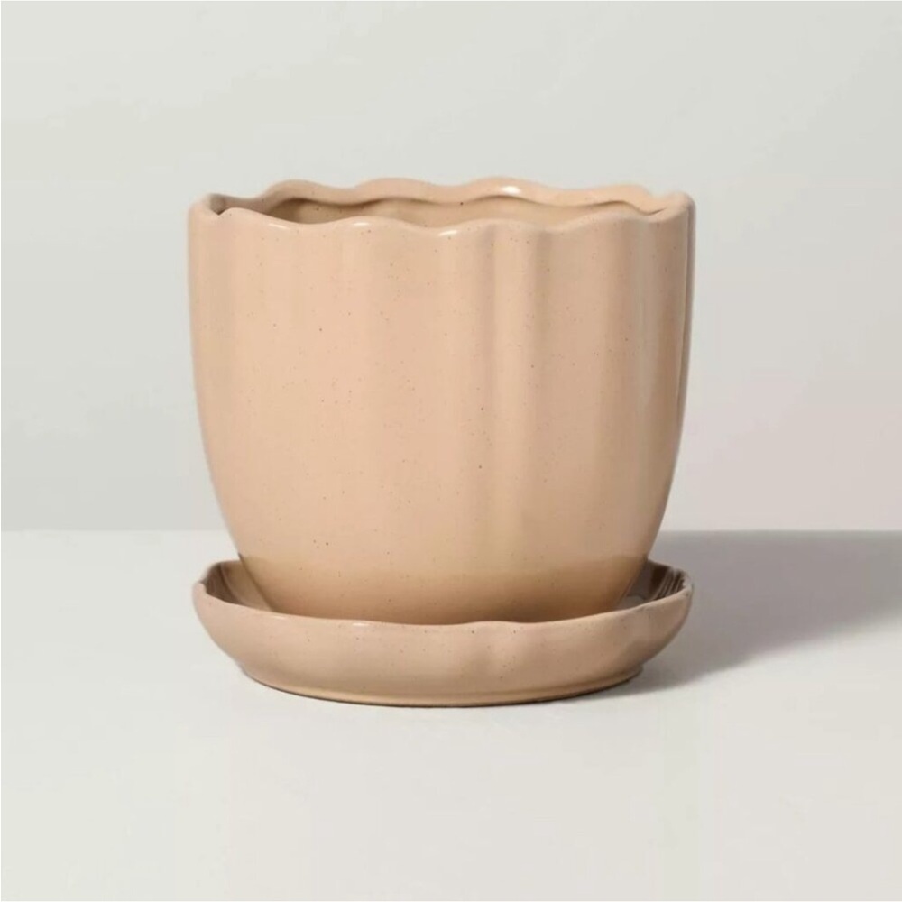 6" Scalloped Edge Stoneware Planter Pot with Saucer Tan - Hearth & Hand Magnolia